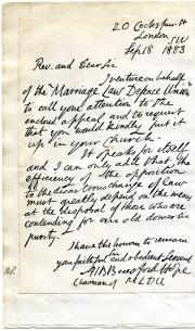 Beresford-Hope, facsimile letter,  Marriage Law Defence Union