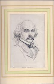 Attractive black and white pen portrait of the American novelist Nathaniel Hawth